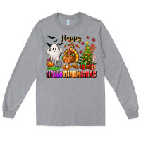 Heather Grey Happy Hallothanksmas with ghost turkey and tree Long Sleeve Tee - texasbilliewilder