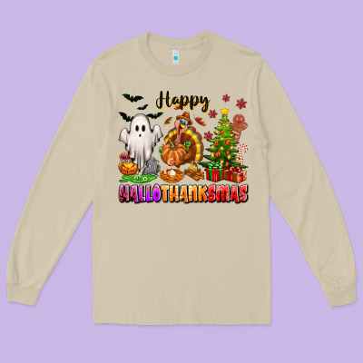Happy Hallothanksmas With Ghost Turkey And Tree Long Sleeve Tee Designed By Texasbilliewilder