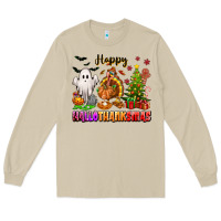Mushroom Happy Hallothanksmas with ghost turkey and tree Long Sleeve Tee - texasbilliewilder