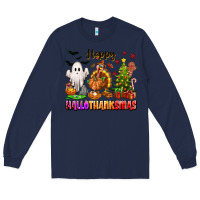 Navy Happy Hallothanksmas with ghost turkey and tree Long Sleeve Tee - texasbilliewilder