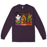 Plum Happy Hallothanksmas with ghost turkey and tree Long Sleeve Tee - texasbilliewilder