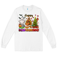White Happy Hallothanksmas with ghost turkey and tree Long Sleeve Tee - texasbilliewilder