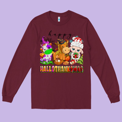 Happy Hallothanksmas Farm Animals Long Sleeve Tee Designed By Texasbilliewilder