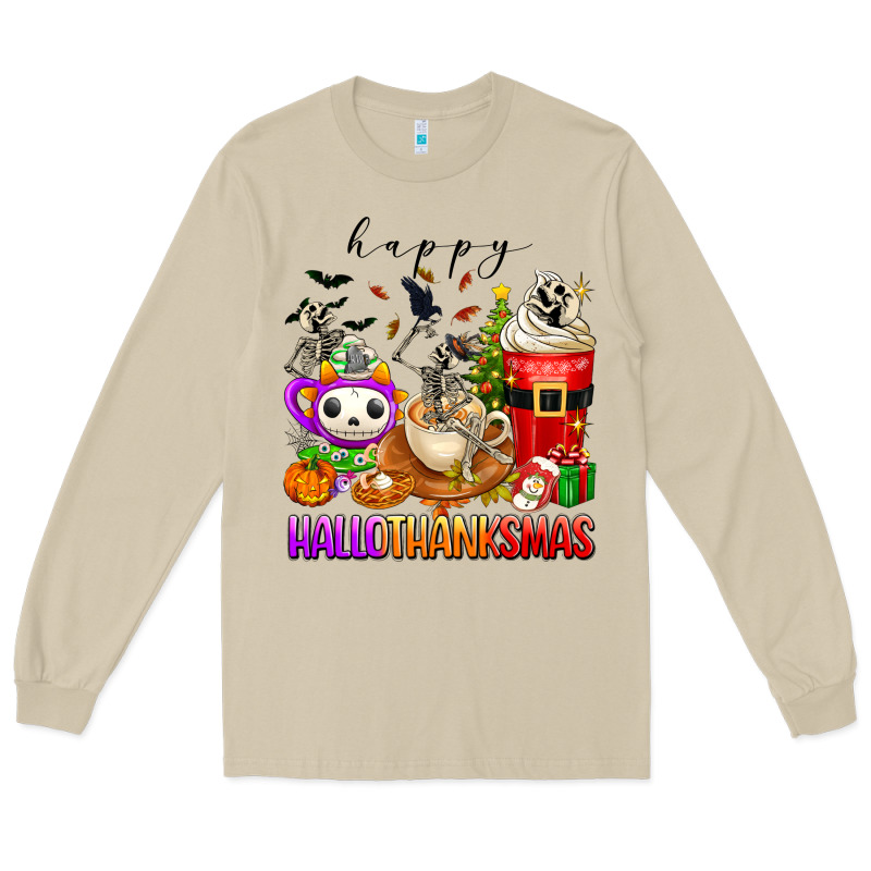 Happy Hallothanksmas Skeleton Coffee Cups Long Sleeve Tee by texasbilliewilder | Teevron