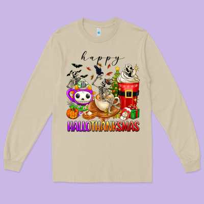 Happy Hallothanksmas Skeleton Coffee Cups Long Sleeve Tee Designed By Texasbilliewilder