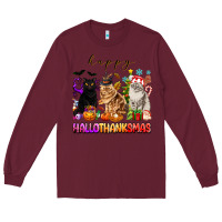 Burgundy happy hallothanksmas cats Long Sleeve Tee - texasbilliewilder