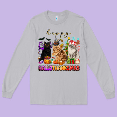 Happy Hallothanksmas Cats Long Sleeve Tee Designed By Texasbilliewilder