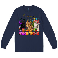 Navy happy hallothanksmas cats Long Sleeve Tee - texasbilliewilder