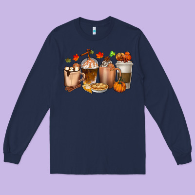 Pumpkin Spice Coffee Cups Long Sleeve Tee Designed By Texasbilliewilder
