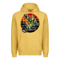 Antique Gold t rex dinosaur riding bicycle with retro forest sunset Premium Hoodie - RanaPortraitStore
