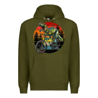 Army Green t rex dinosaur riding bicycle with retro forest sunset Premium Hoodie - RanaPortraitStore