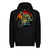 Black t rex dinosaur riding bicycle with retro forest sunset Premium Hoodie - RanaPortraitStore