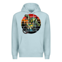 Blue Mist t rex dinosaur riding bicycle with retro forest sunset Premium Hoodie - RanaPortraitStore