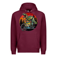 Burgundy t rex dinosaur riding bicycle with retro forest sunset Premium Hoodie - RanaPortraitStore