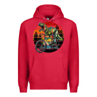 Cardinal t rex dinosaur riding bicycle with retro forest sunset Premium Hoodie - RanaPortraitStore