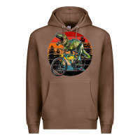 Chestnut t rex dinosaur riding bicycle with retro forest sunset Premium Hoodie - RanaPortraitStore