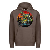 Coffee t rex dinosaur riding bicycle with retro forest sunset Premium Hoodie - RanaPortraitStore