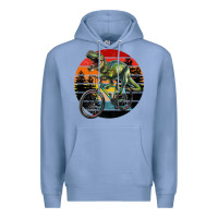 Colony Blue t rex dinosaur riding bicycle with retro forest sunset Premium Hoodie - RanaPortraitStore