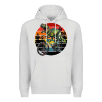 Dove Grey t rex dinosaur riding bicycle with retro forest sunset Premium Hoodie - RanaPortraitStore