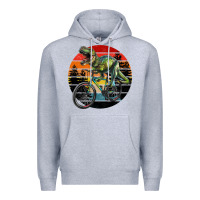 Heather Grey t rex dinosaur riding bicycle with retro forest sunset Premium Hoodie - RanaPortraitStore