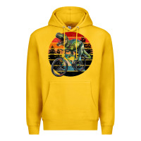 Lemon t rex dinosaur riding bicycle with retro forest sunset Premium Hoodie - RanaPortraitStore