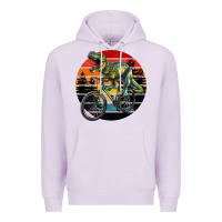Lilac t rex dinosaur riding bicycle with retro forest sunset Premium Hoodie - RanaPortraitStore