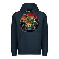 Navy t rex dinosaur riding bicycle with retro forest sunset Premium Hoodie - RanaPortraitStore
