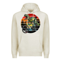 Oatmeal Heather t rex dinosaur riding bicycle with retro forest sunset Premium Hoodie - RanaPortraitStore