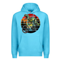 Ocean Blue t rex dinosaur riding bicycle with retro forest sunset Premium Hoodie - RanaPortraitStore