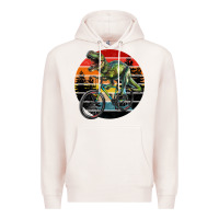 Pale Pink t rex dinosaur riding bicycle with retro forest sunset Premium Hoodie - RanaPortraitStore