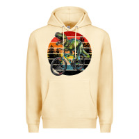 Pina Colada t rex dinosaur riding bicycle with retro forest sunset Premium Hoodie - RanaPortraitStore