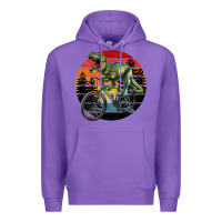 Purple t rex dinosaur riding bicycle with retro forest sunset Premium Hoodie - RanaPortraitStore