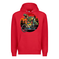 Red t rex dinosaur riding bicycle with retro forest sunset Premium Hoodie - RanaPortraitStore