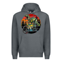 Rock t rex dinosaur riding bicycle with retro forest sunset Premium Hoodie - RanaPortraitStore