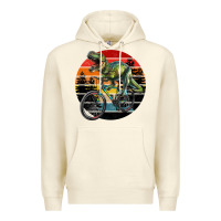 Sandshell t rex dinosaur riding bicycle with retro forest sunset Premium Hoodie - RanaPortraitStore