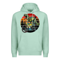 T Rex Dinosaur Riding Bicycle With Retro Forest Sunset Premium Hoodie | Teevron