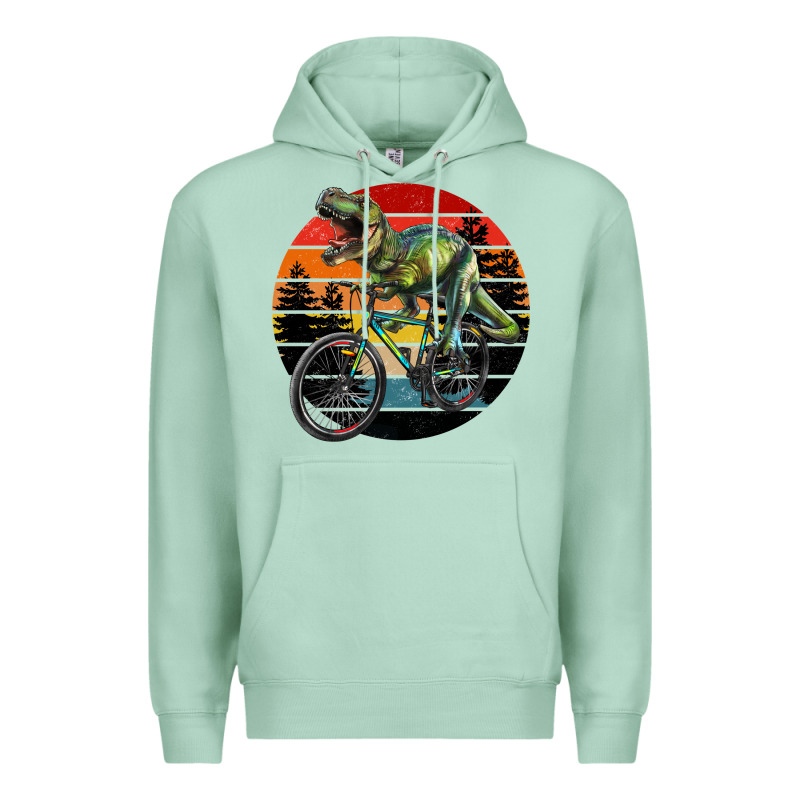 T Rex Dinosaur Riding Bicycle With Retro Forest Sunset Premium Hoodie by RanaPortraitStore | Teevron
