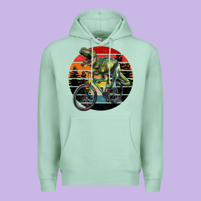T Rex Dinosaur Riding Bicycle With Retro Forest Sunset Premium Hoodie Designed By Ranaportraitstore