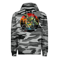 Slate Camo t rex dinosaur riding bicycle with retro forest sunset Premium Hoodie - RanaPortraitStore