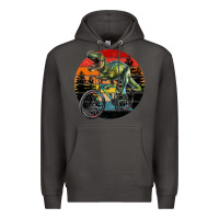Smoke t rex dinosaur riding bicycle with retro forest sunset Premium Hoodie - RanaPortraitStore