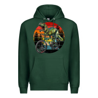 Sports Green t rex dinosaur riding bicycle with retro forest sunset Premium Hoodie - RanaPortraitStore