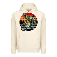 Tofu t rex dinosaur riding bicycle with retro forest sunset Premium Hoodie - RanaPortraitStore