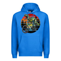 True Royal t rex dinosaur riding bicycle with retro forest sunset Premium Hoodie - RanaPortraitStore