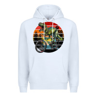 White t rex dinosaur riding bicycle with retro forest sunset Premium Hoodie - RanaPortraitStore