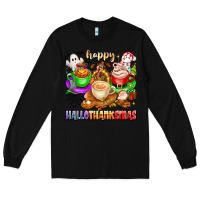 Black happy hallothanksmas coffee cups with ghost turkey Long Sleeve Tee - texasbilliewilder