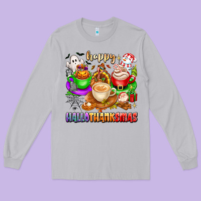 Happy Hallothanksmas Coffee Cups With Ghost Turkey Long Sleeve Tee Designed By Texasbilliewilder