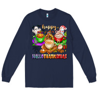 Navy happy hallothanksmas coffee cups with ghost turkey Long Sleeve Tee - texasbilliewilder