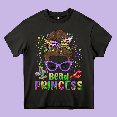 Bead Princess Messy Bun Mardi Gras Heavy Core Tee Designed By Maliassmallbusiness