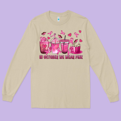 In October We Wear Pink With Breast Cancer Coffee Long Sleeve Tee Designed By Texasbilliewilder