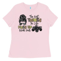 Bubblegum Pink the best things in life mess up your hair Ladies Tee - MaliasSmallBusiness